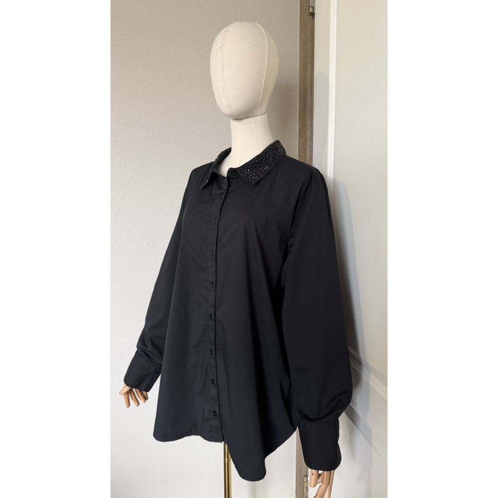 Chico’s Size 3.5 US 18 Tonal Jewels Poplin Shirt Black Embellished Collar Top - Picture 8 of 16